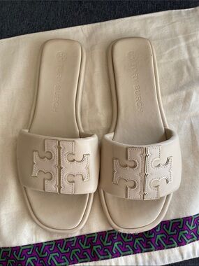 Tory Burch Double T sport slides cream leather 10 comfy sandals flats